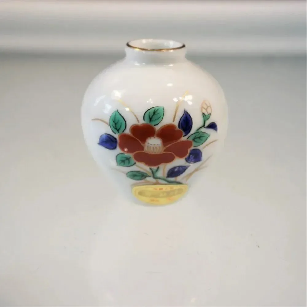 Vintage Arita Ware Vase Miniature Floral Porcelain Original Foil Sticker Japan